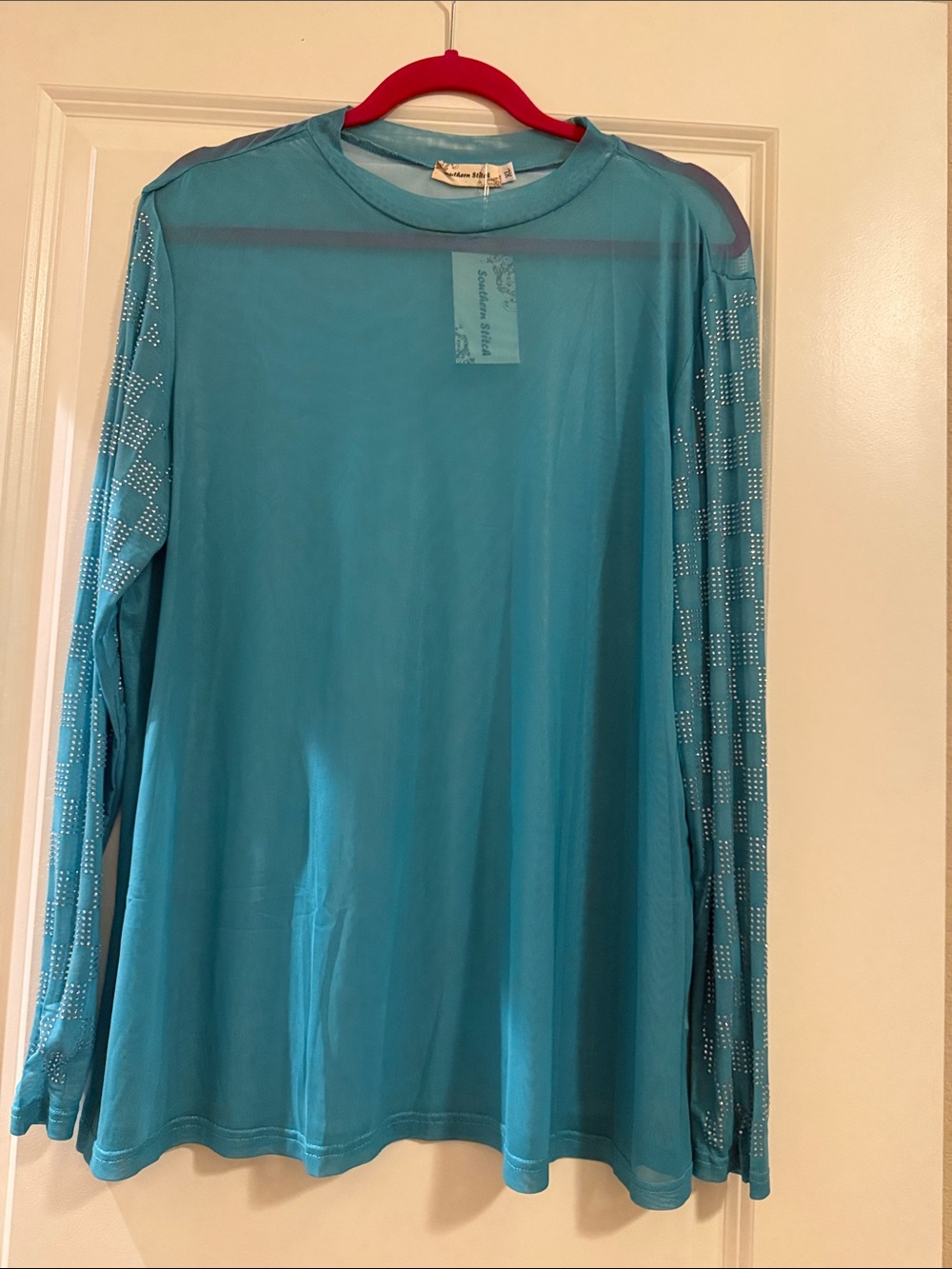 Southern Stitch Turquoise Long Sleeve Mesh Tee w/Bling Sleeves!!